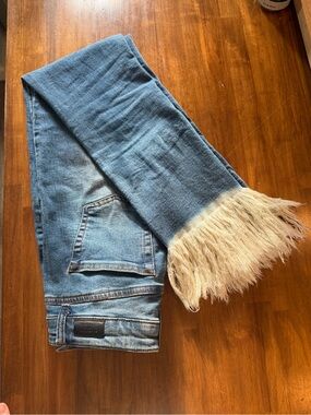 Black Label Blue Cropped Jeans with Cream Fringe Hem